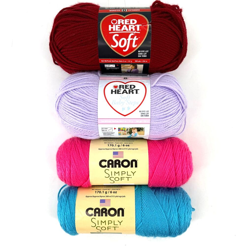 Red Heart Caron Simply Soft Yarn Lot of 4 Skeins Wine Lavender Watermelon Blue